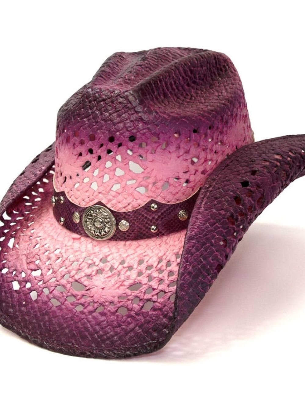 S/M Nu Shuz Key West Pink Purple Ombre Concho Band Woven Straw Cowboy Hat